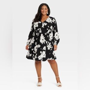 Women’s Balloon Long Sleeve Dress Ava & Viv black and white floral Plus Size 2x